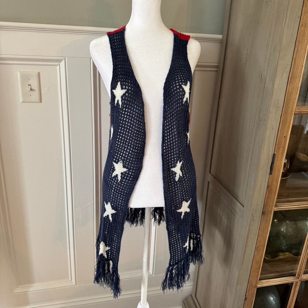 Cloud Chaser USA Flag Fringe Vest Large Patriotic Stars Stripes Open Front - Picture 2 of 10